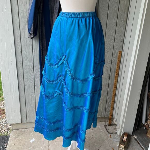 VTG 90s Indigo Moon Iridescent Blue Bias Cut Maxi Skirt Ruffle Trim SZ M - Picture 3 of 12